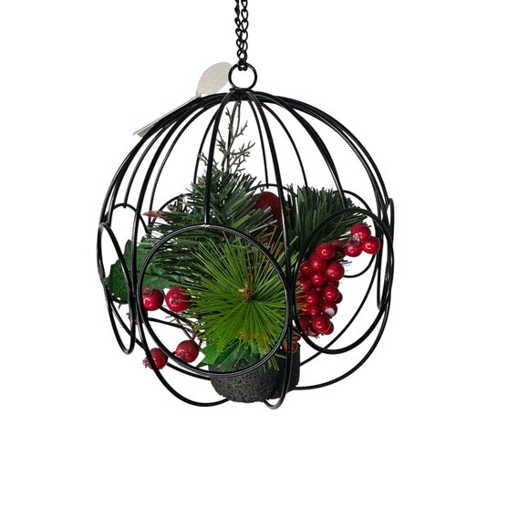 9" Hanging Ball With Artificial Pine & Berry Arrangement In Black Metal Cage Des - Picture 10 of 11